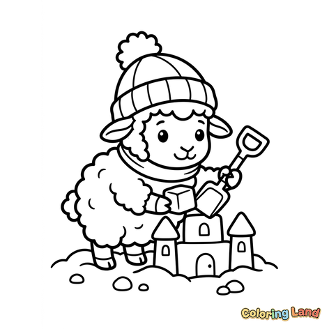 Lindo cordero construyendo un castillo de nieve