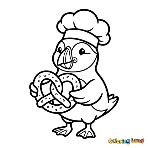 Chef Puffin with a Pretzel