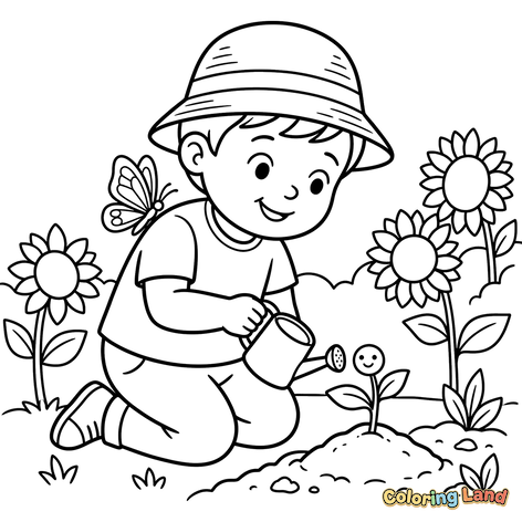 Bambino Felice Innaffia le Piante in Giardino