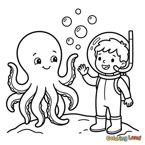Scafandru și Octopus Prietenos Sub Apă