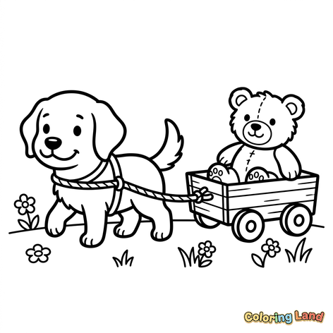 Welpe zieht Teddybären im Wagen