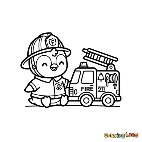 Süßer Pinguin-Feuerwehrmann und Feuerwehrauto