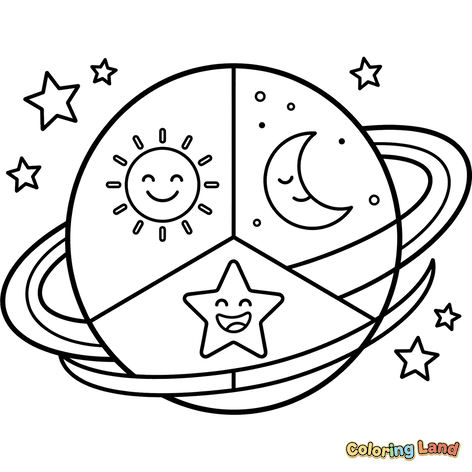 Planète Heureuse avec Soleil, Lune et Étoiles