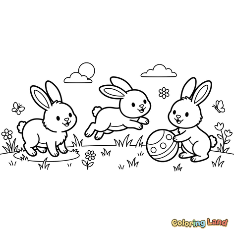 Three Bunnies Playing in a Spring Field