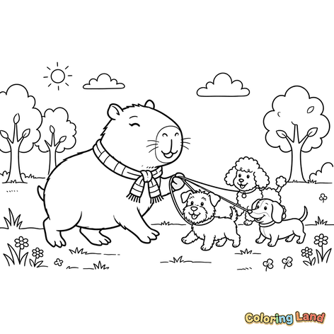 Capybara Walking Puppies in the Park