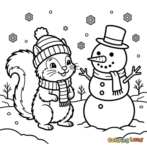 Winterfreunde: Eichhörnchen und Schneemann