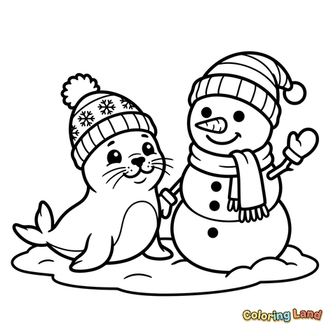 Winterfreunde Robbe und Schneemann
