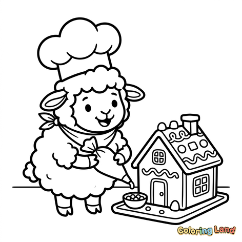 Ovelha Chef Decorando uma Casa de Gengibre