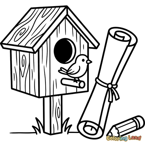 Birdhouse with Bird, Scroll, and Pencil