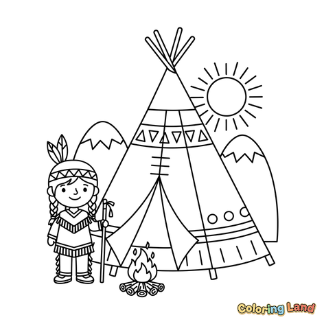 Ett glatt indianbarn vid en tipi och lägereld