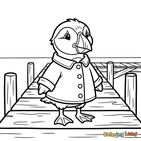Puffin în haină pe un ponton