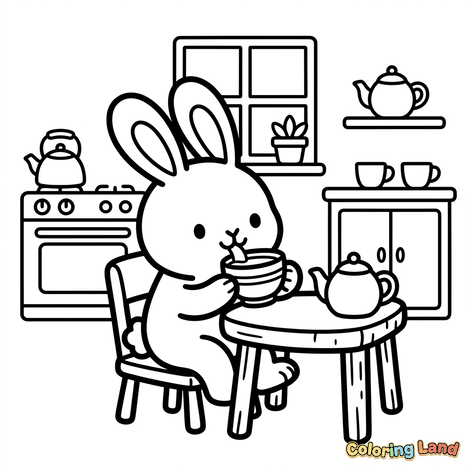 Cute Bunny Tea Time in the Kitchen