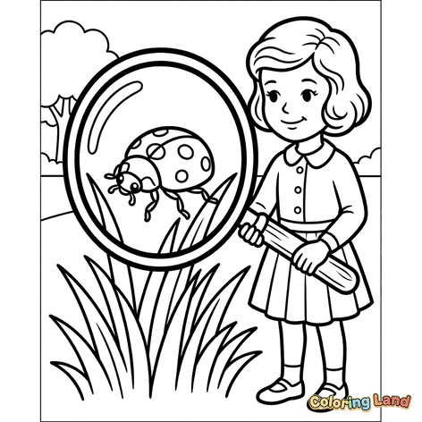 Girl Observing a Ladybug with a Magnifying Glass