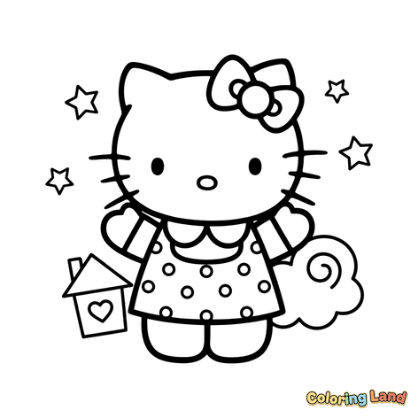 Hello Kitty dalam Gaun Polkadot dengan Bintang dan Rumah