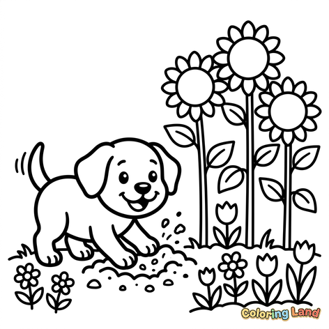 Playful Puppy in the Sunflower Garden