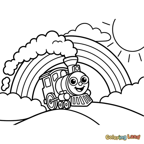 Train Joyeux avec Arc-en-ciel et Soleil