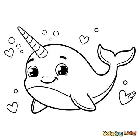 Cute Narwhal with Hearts and Bubbles
