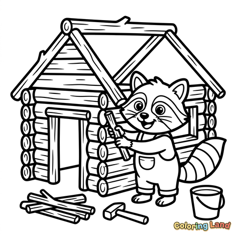 Raccoon Building a Log Cabin