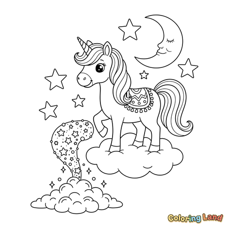 Unicorn Fermecător pe Nori cu Stele și Lună