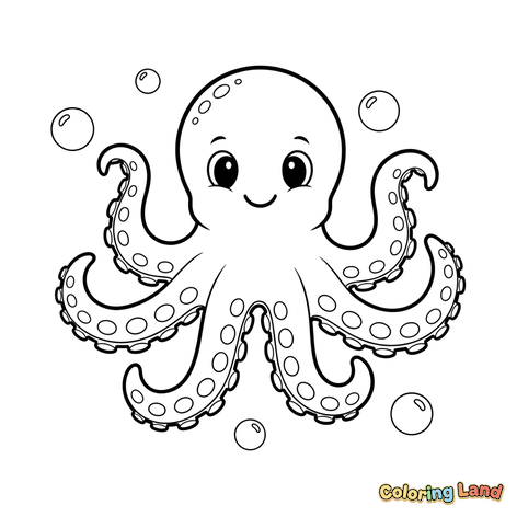 Happy Little Octopus Among Bubbles