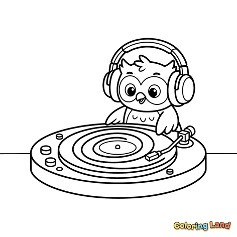 Urocza Sowa DJ ze Słuchawkami i Gramofonem