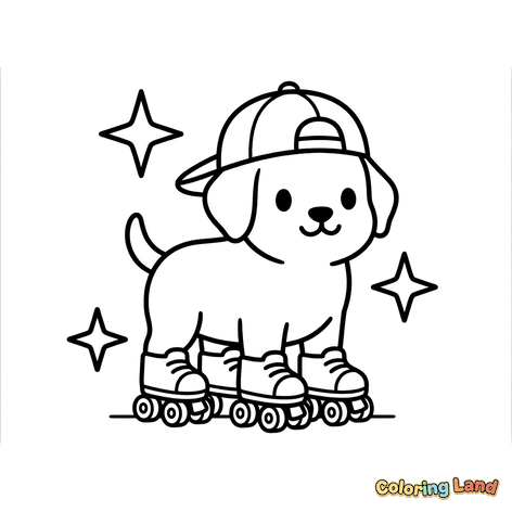 Chiot en Patins à Roulettes avec une Casquette