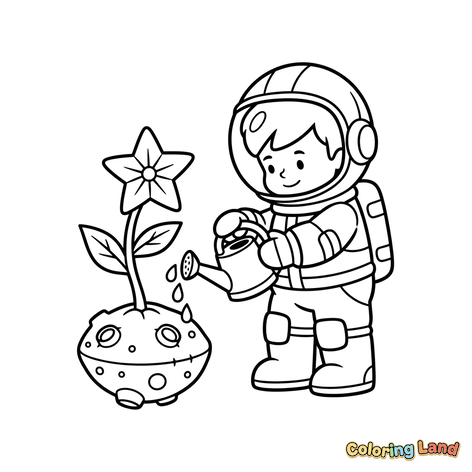 Astronaut vattnar en stjärnblomma på en planet