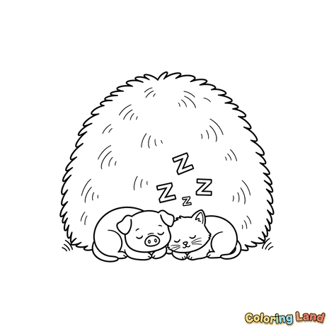 Cochon et chat endormis sous une botte de foin