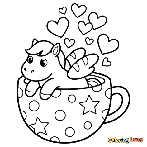Süßes Geflügeltes Pony in einer Teetasse mit Herzen