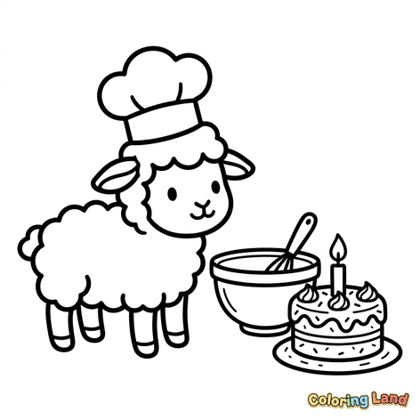Pecorella Chef che Prepara una Torta di Compleanno