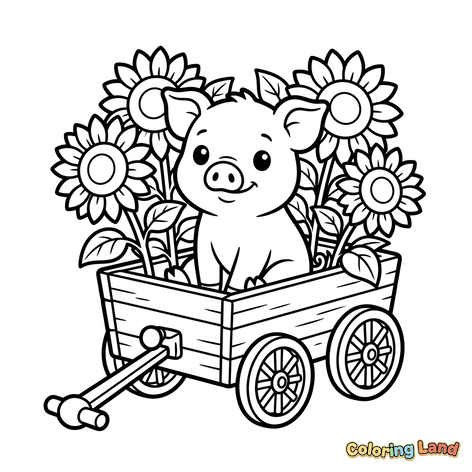 Simpatico maialino in un carretto di girasoli