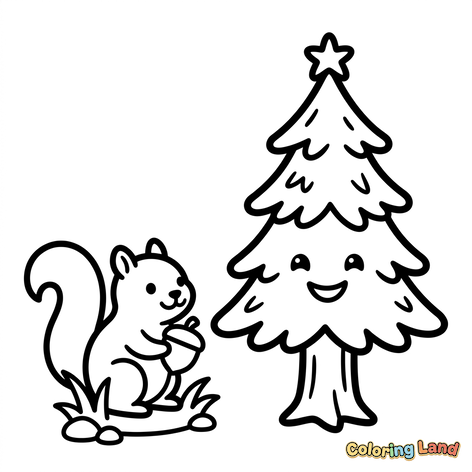 Søtt ekorn og smilende juletre