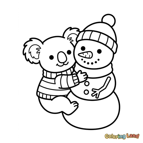 Koala abraçando um boneco de neve
