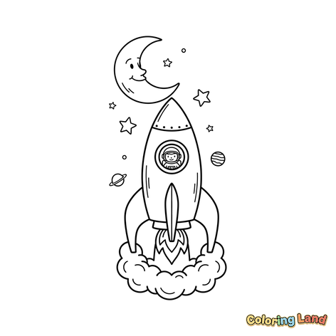 Rocket Launch with Astronaut and Smiling Moon