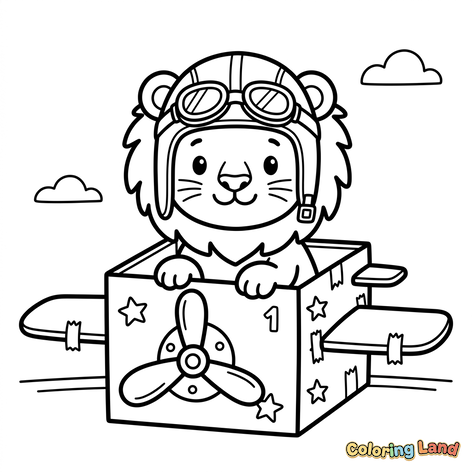 Pequeño León Aviador en un Avión de Cartón