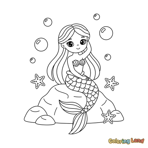 Linda Sirenita Sentada en Rocas con Estrellas de Mar