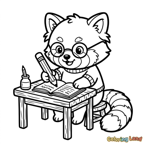 Studieuze Rode Panda die Schrijft aan een Bureau
