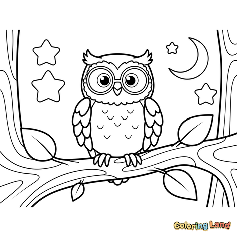 Chouette Mignonne avec des Lunettes sur une Branche la Nuit