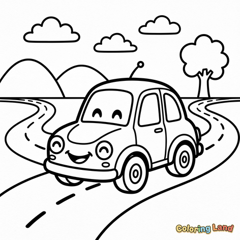 Fröhliches kleines Auto auf einem Roadtrip