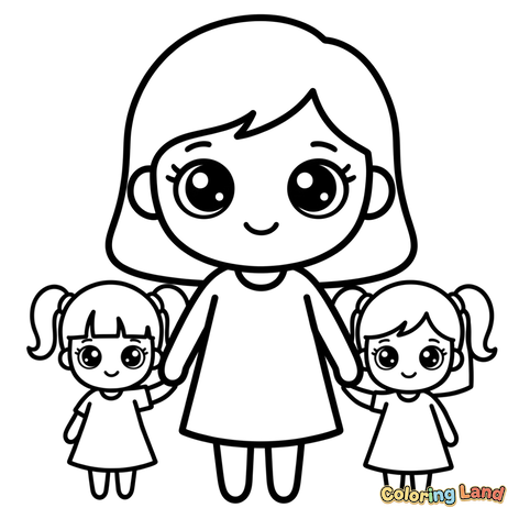 Mère et Deux Filles Se Tenant la Main Style Kawaii