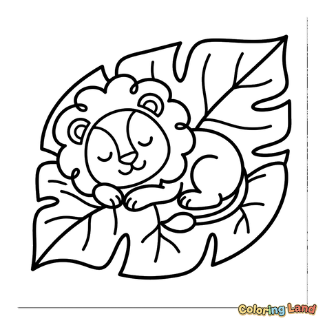 Bébé Lion Endormi sur une Feuille Tropicale