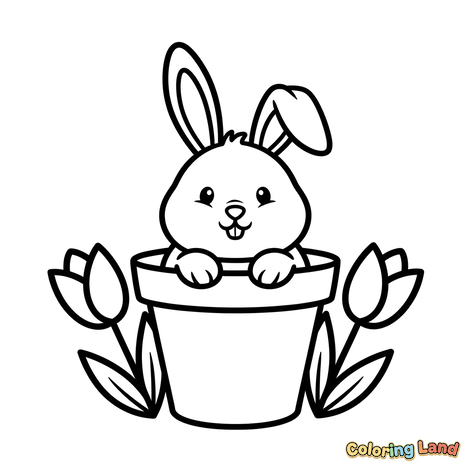 Kelinci Lucu di Pot Bunga dengan Tulip