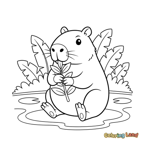 Capibara Sosteniendo Hoja en el Agua