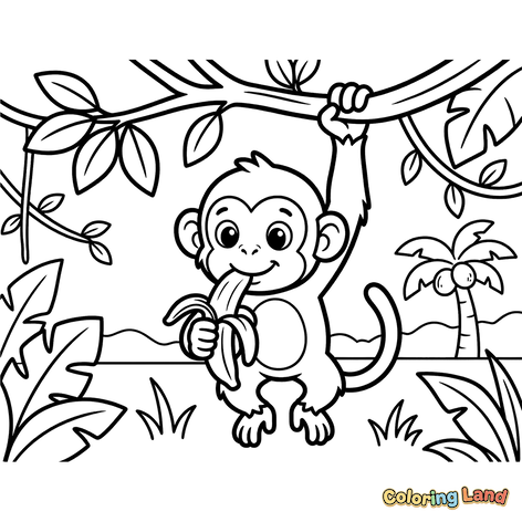 Singe Heureux Mangeant une Banane dans la Jungle