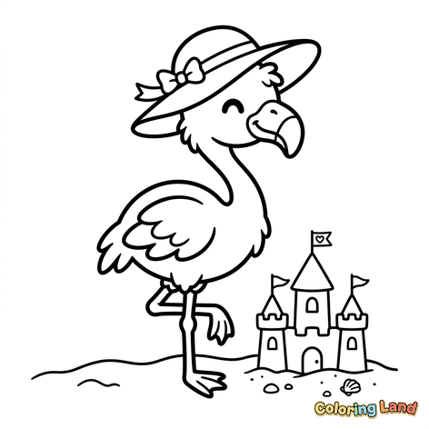 Flamingo cu pălărie de soare și castel de nisip