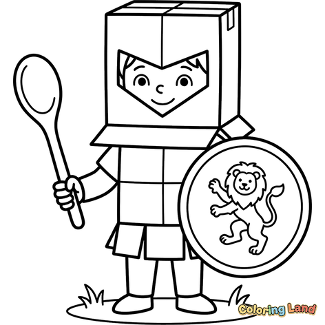 Child Knight with Cardboard Armor and Lion Shield