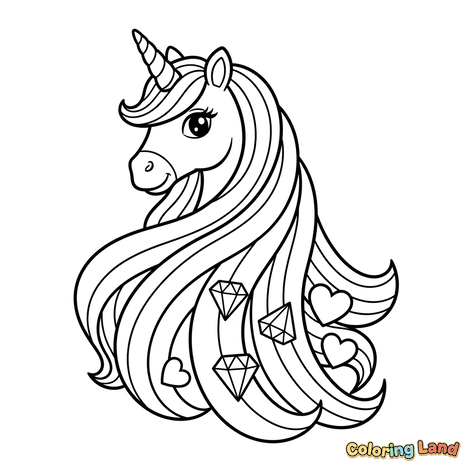 Unicorn Ajaib dengan Surai Terurai, Berlian dan Hati