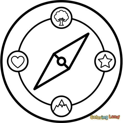 Compass with Heart, Tree, Star, and Mountains