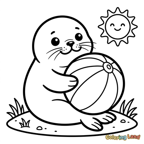 Foca bebé feliz com bola de praia