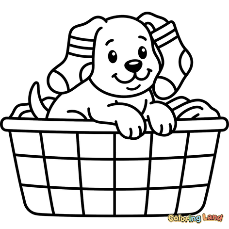 Cachorrinho Feliz num Cesto de Roupa